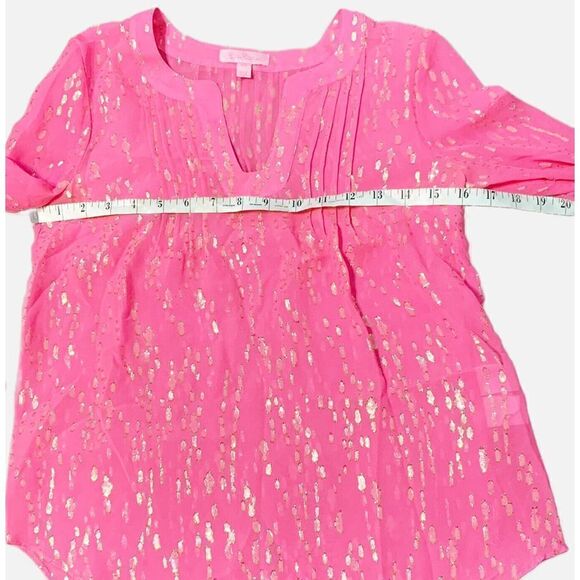 Lilly Pulitzer COLBY SILK CLIP TOP Neon Pink Gold Metallic Soleil Blouse Siz XXS - Picture 9 of 10